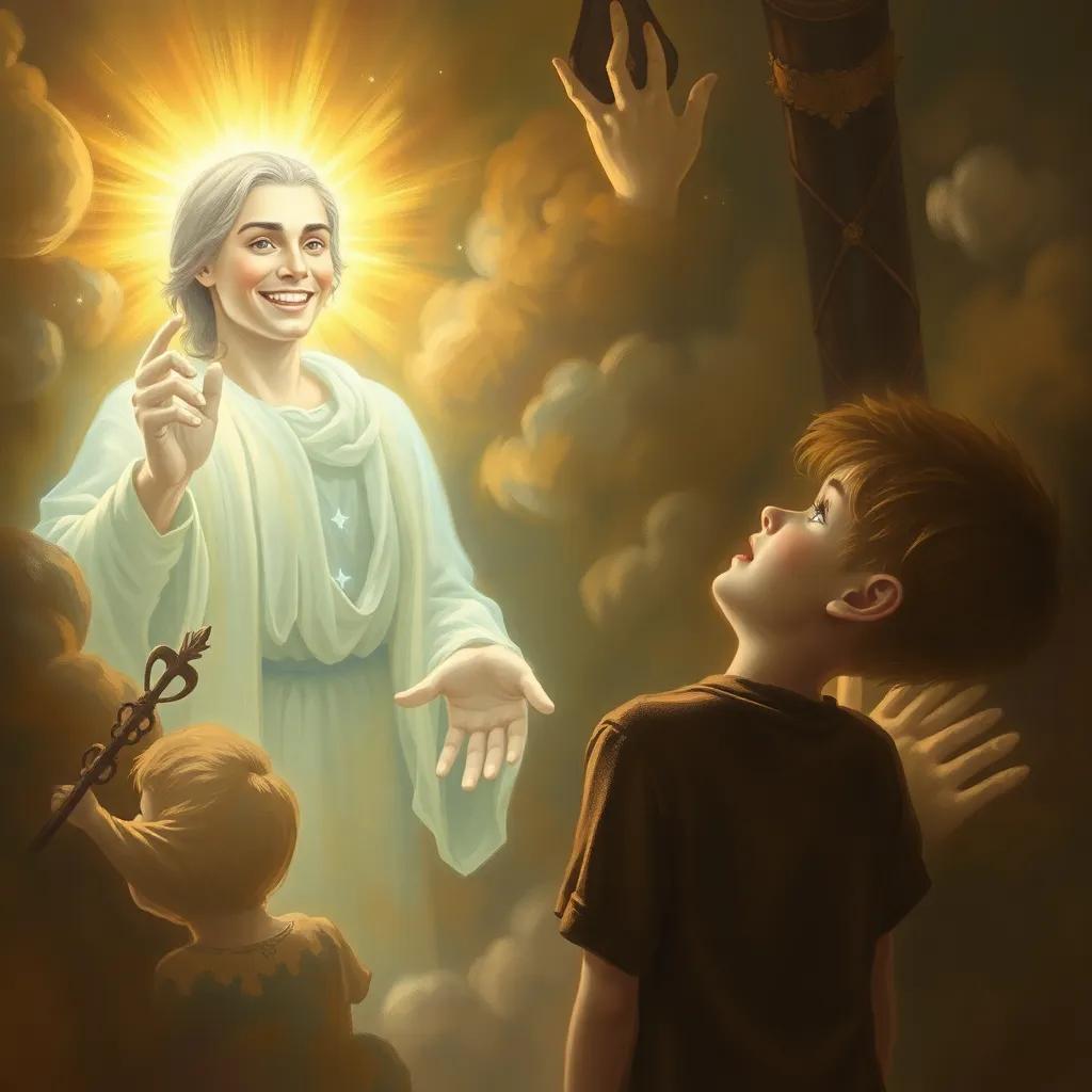 A glowing man appears in a dream, smiling and radiant, surrounded by a soft light, looking at a worried boy, warm colors, magical, comforting scene, high quality