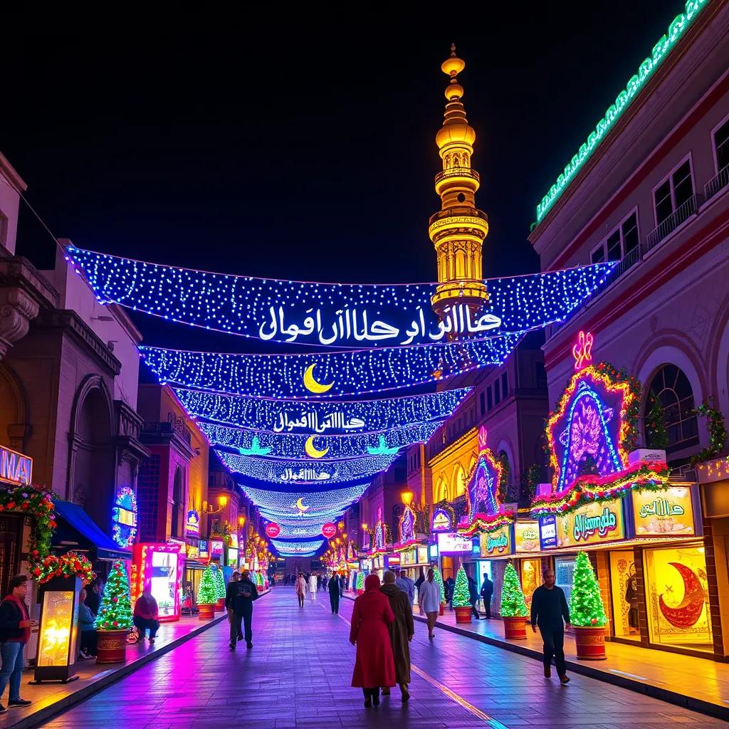 A beautiful night scene in Medina, with colorful lights and festive decorations celebrating the birth of Prophet Muhammad, joyful atmosphere, digital art, vibrant colors, warm lighting, high quality