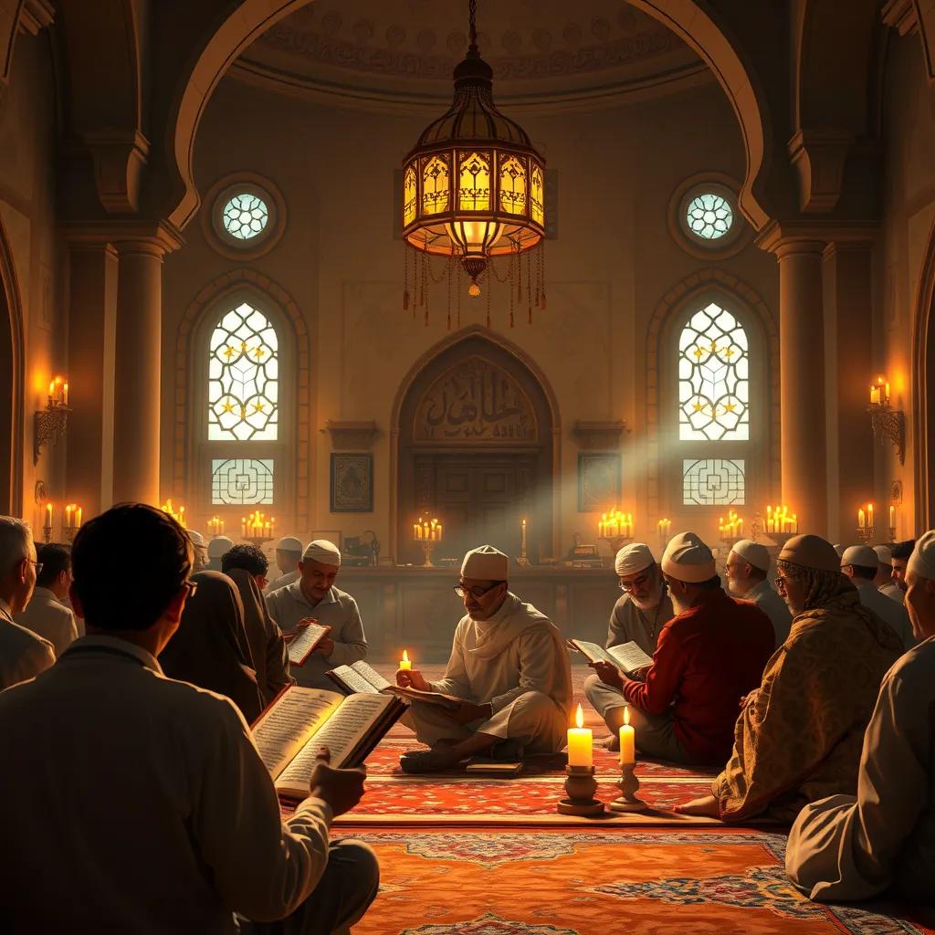 A warm gathering inside a mosque, people reading the Quran and discussing the qualities of Prophet Muhammad, illuminated by soft candlelight, a sense of peace, digital painting, warm tones, high quality