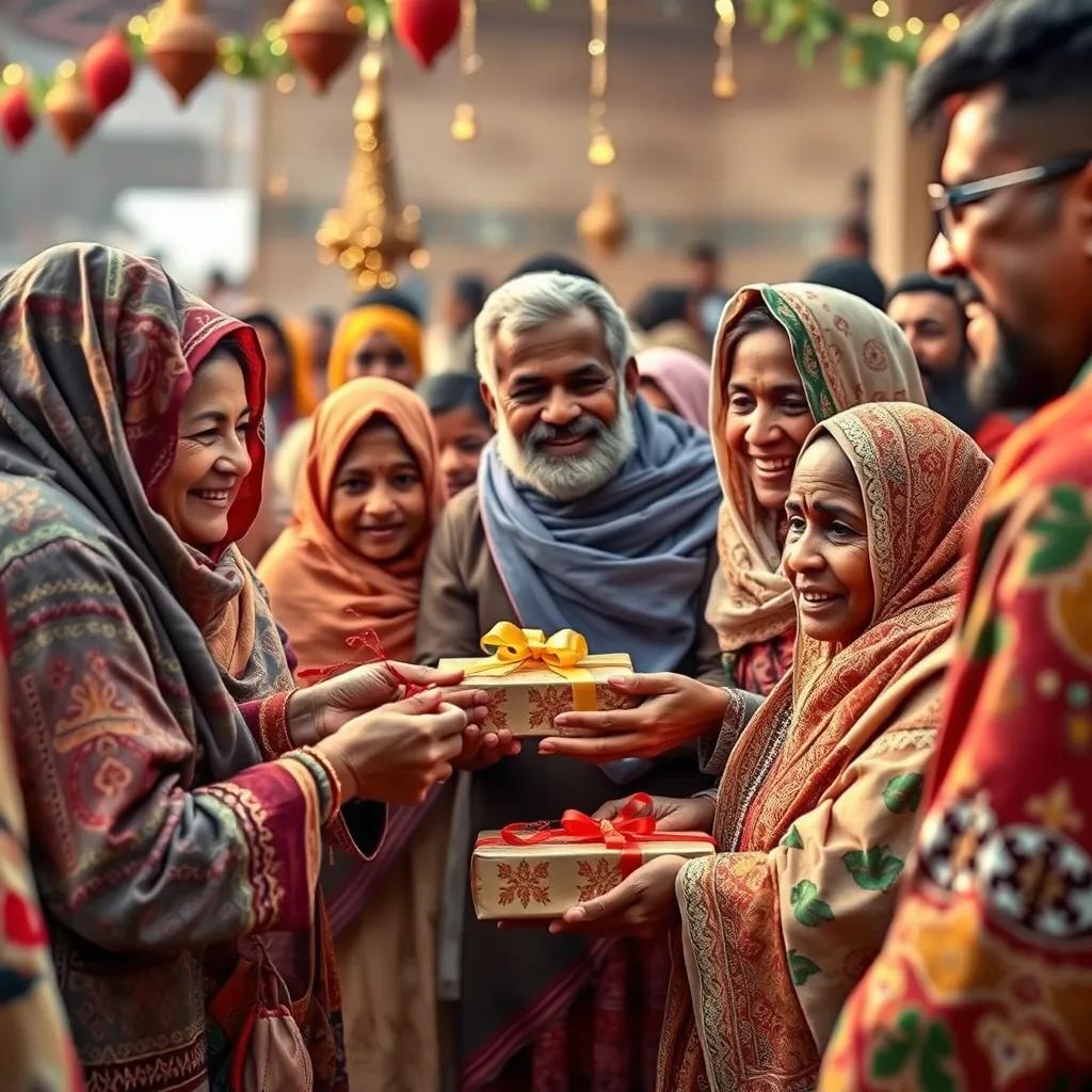 People giving gifts to the poor and needy in the celebration, showing kindness and generosity, with smiles and warm hearts, depicting community spirit, digital art, heartwarming colors, high quality