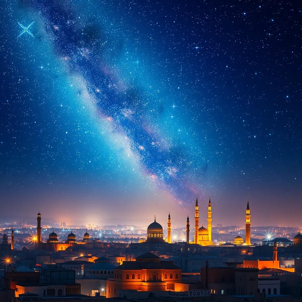 A dazzling night sky filled with twinkling stars above the city of Medina, symbolizing the light of Prophet Muhammad illuminating hearts, peaceful and serene atmosphere, digital painting, beautiful colors, high quality
