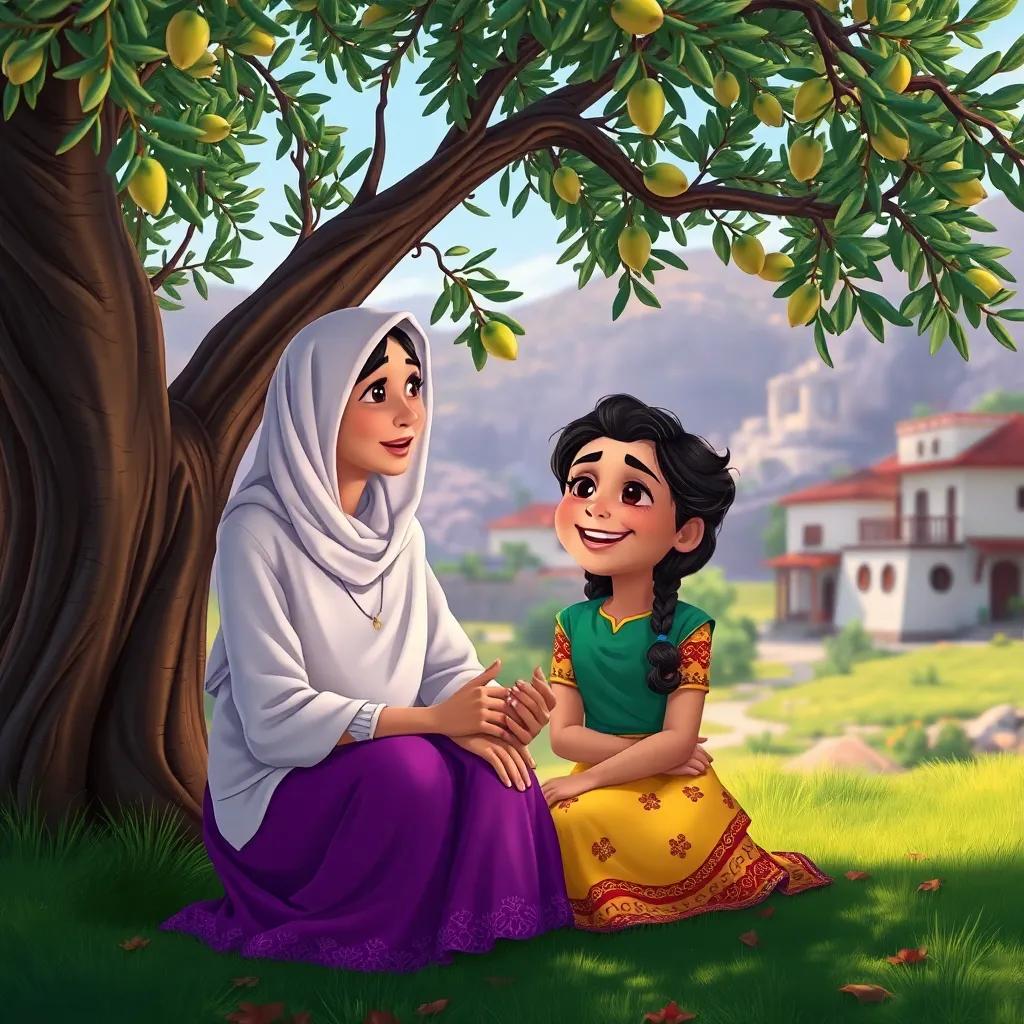 Leila sitting under an olive tree with her mother, expressing hope with joy, village backdrop, bright colors, inviting atmosphere, digital illustration, rich detail, inspiring