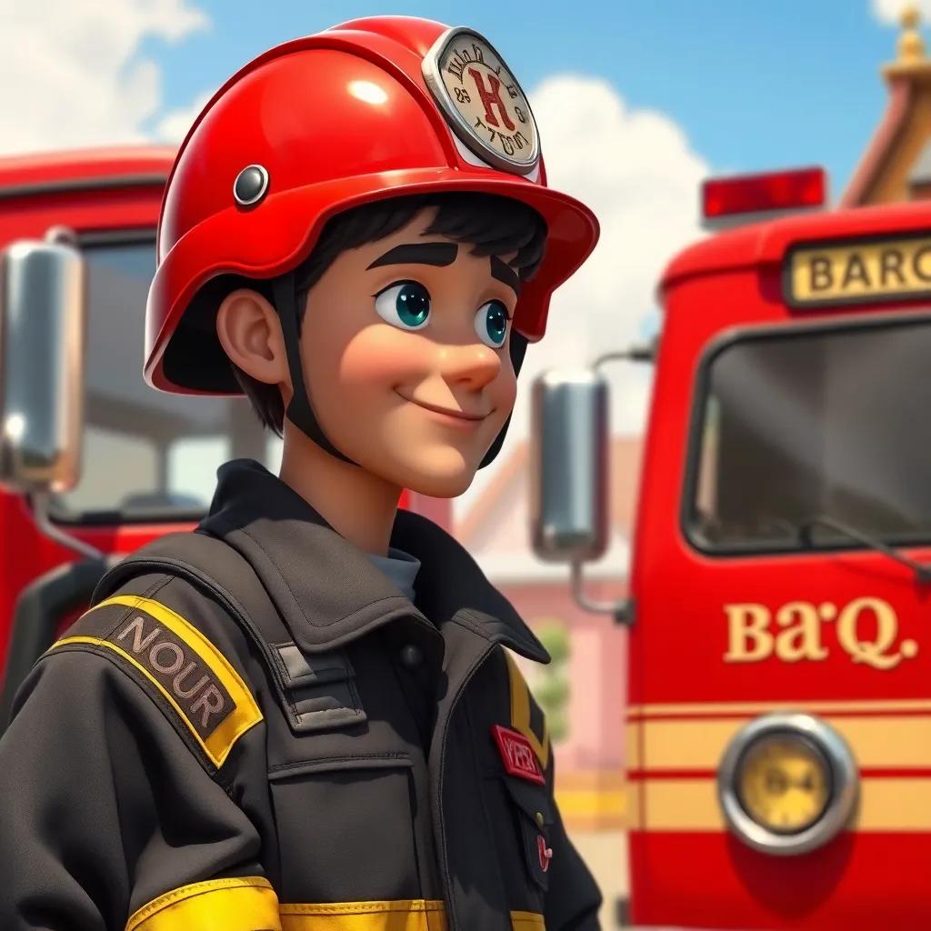 A brave fireman named Nour, with a shiny red helmet and a black coat with golden stripes, standing beside a red fire truck named Barq, in a small village with sunny skies, cheerful atmosphere, detailed digital art, bright colors, engaging view