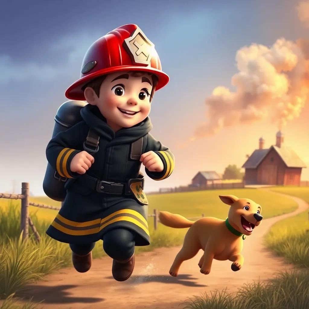 Nour, a brave fireman in a shiny red helmet and a black coat with golden stripes, rushing towards a farm with a plume of smoke rising in the distance, his dog Farfar by his side, illustration, dynamic action, child-friendly