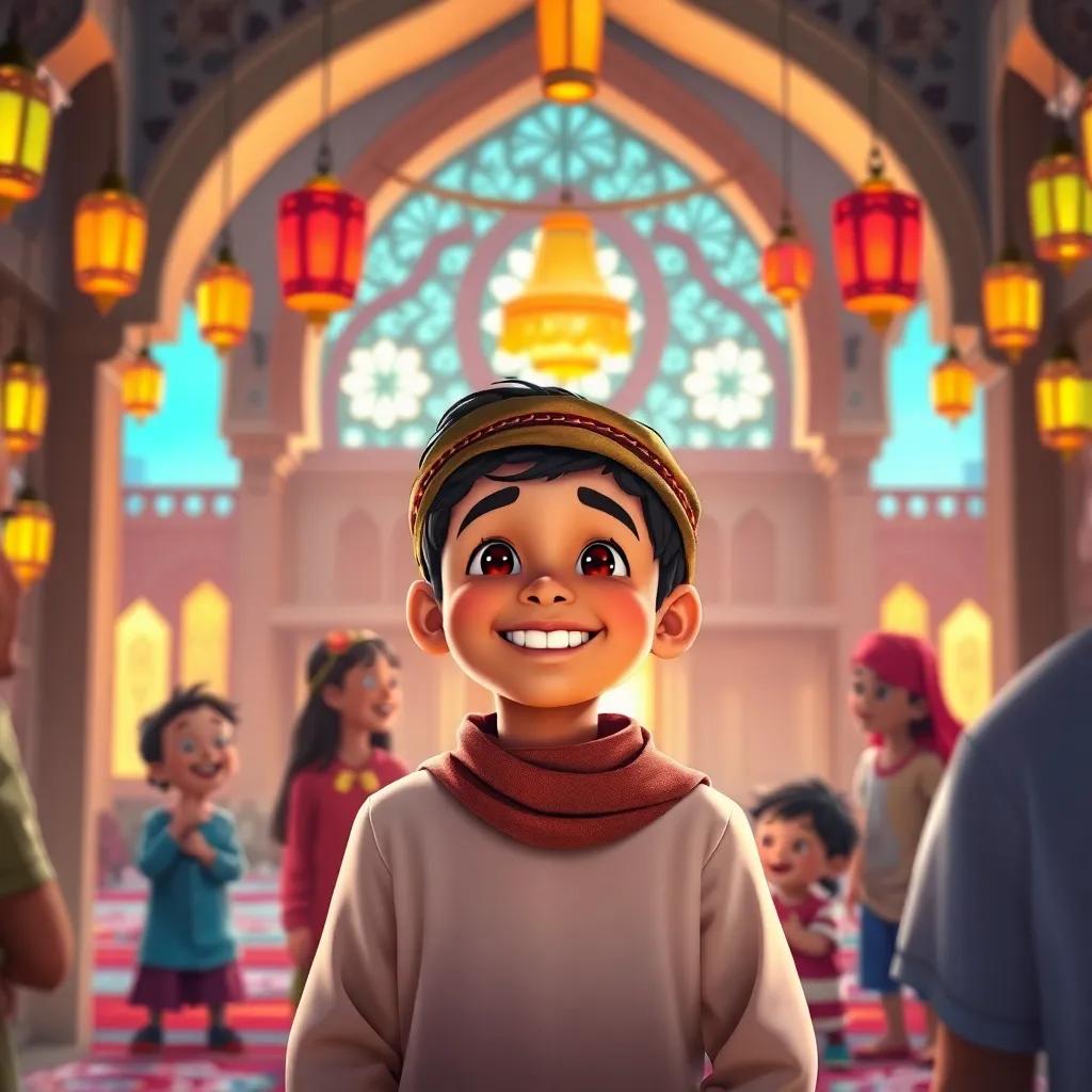 Noor, a young Arab boy, smiling brightly, surrounded by friends, discussing Ramadan traditions in a beautifully illuminated mosque with colorful lanterns, children playing joyfully outside, whimsical design, warm light, inviting scene, high quality