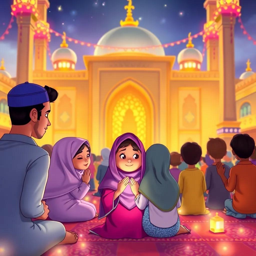 A vibrant mosque, with Noor and friends praying together, surrounded by glowing lights and decorations, a feeling of togetherness and joy, colorful illustration, soft and warm light, child-friendly, high quality