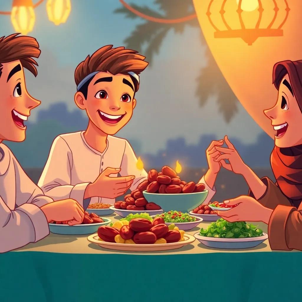 Noor, a young Arab boy, happily sharing dates with friends after iftar, smiling faces, a table filled with delicious food and laughter, warm evening light, joyful atmosphere, detailed illustration, high quality