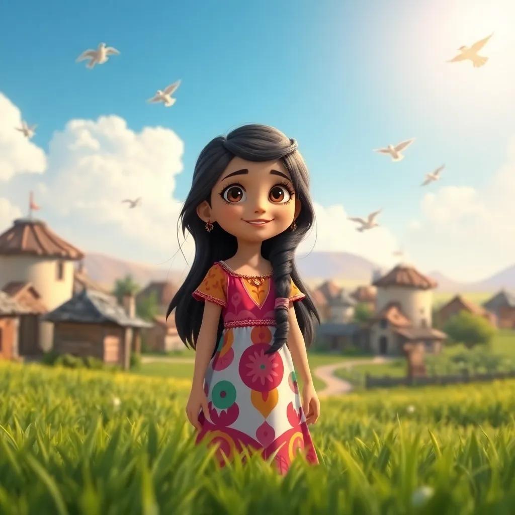 A small village under a bright blue sky, featuring young Noor, an Arab girl with long, dark hair, wearing a colorful dress, surrounded by green fields and singing birds, detailed digital art, vibrant colors, cheerful atmosphere, high quality