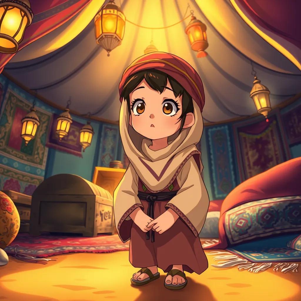 A young girl named Nora in traditional Arabic clothing, exploring a cozy tent filled with colorful rugs and lanterns, looking surprised at an old chest she found, warm desert light, vivid colors, friendly atmosphere, eye-level view, highly detailed, fantasy art