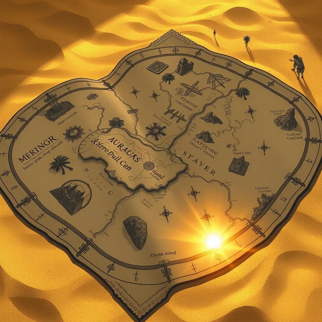 An ancient map with mysterious symbols spread out on a desert floor, showing various landmarks like palm trees and mountains, soft golden sand surrounding it, magical light glimmering, close-up view, intricate details, realistic style