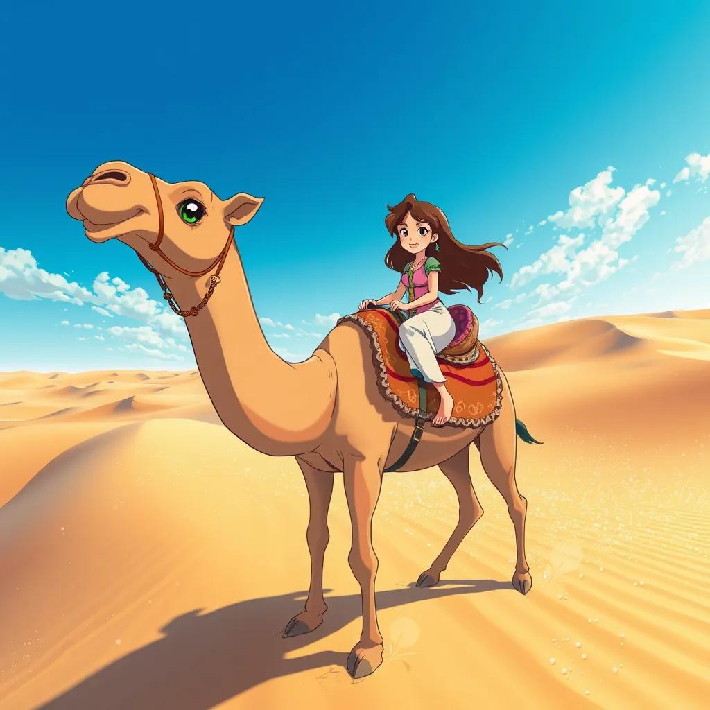 Nora riding a friendly, tall camel across the sparkling sand dunes, with a bright blue sky above, cheerful expression on her face, vibrant colors of the desert landscape, wide-angle view, highly detailed, adventure style