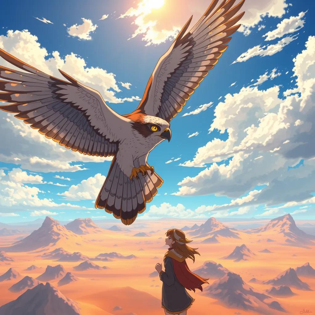 A majestic falcon soaring in the sky above Nora, with feathers glimmering in the sunlight, surrounded by beautiful desert scenery, showcasing the bond of friendship, epic perspective, stunning detail, natural style