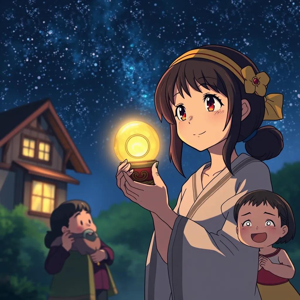 Nora returning home with a beautiful treasure, a shiny artifact that symbolizes her village’s history, glowing under the starry night sky, with her family awaiting her joyfully, atmospheric lighting, emotional close-up, realistic art