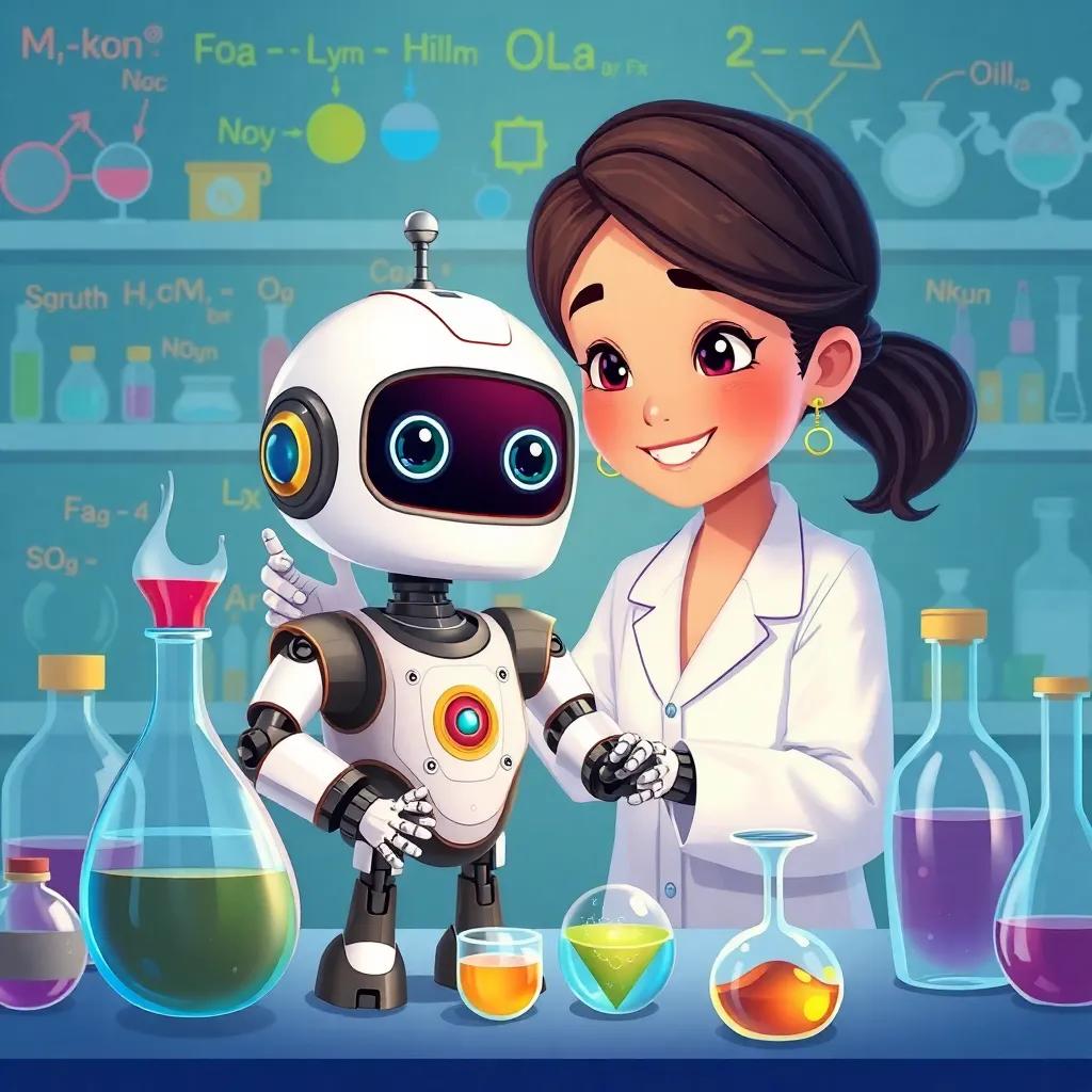 A small amazing robot, Ari, assisting Nour with scientific experiments, surrounded by colorful formulas and elements in the lab, child-friendly illustration, engaging and cheerful, high quality
