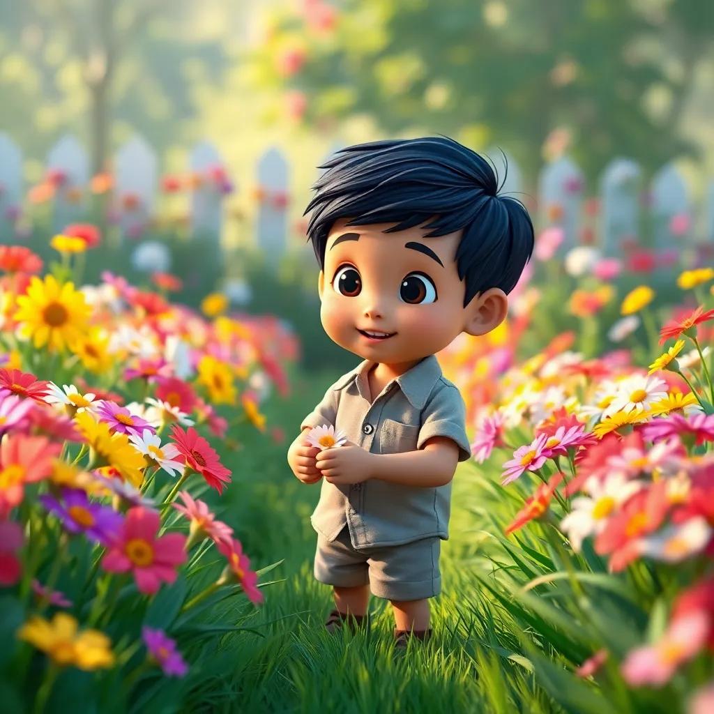 A small boy, Omar, with short black hair, wearing a simple shirt and shorts, picking flowers in a vibrant garden full of colorful flowers and green grass, cheerful atmosphere, afternoon light, bright colors, playful perspective, high quality