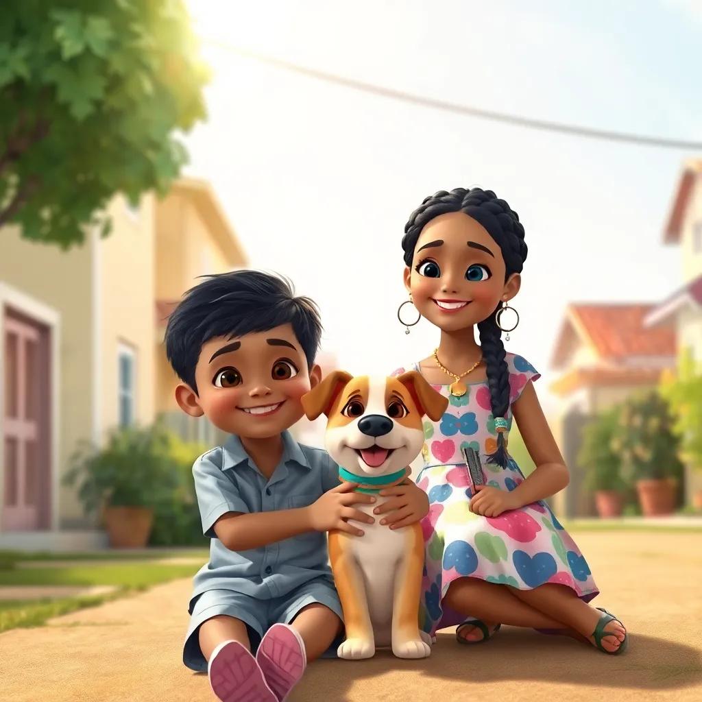 A small boy, Omar, with short black hair, wearing a simple shirt and shorts, sitting with a girl with braided hair in a colorful dress, both smiling with a little dog, sunlight shining down, background of a cozy neighborhood, cheerful scene, high quality