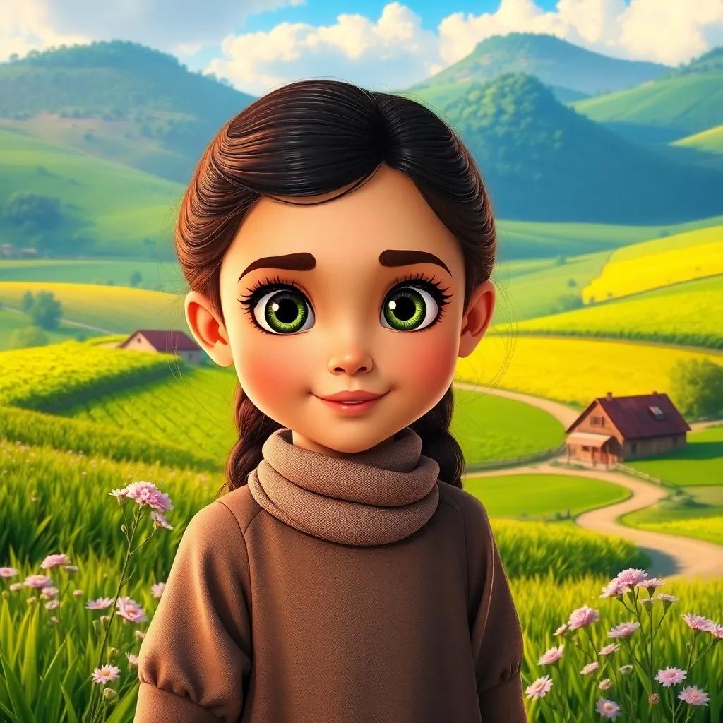 A beautiful countryside village with green fields and a small house, a little girl named Noor with bright eyes and a pure heart, digital art, vibrant colors, warm light, inviting atmosphere, high quality