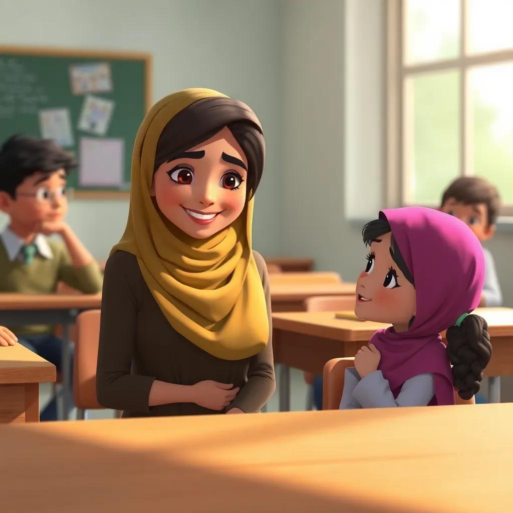 A classroom scene with a kind teacher named Samah, with gentle features and a warm smile, encouraging a shy girl, Noor, seated at the back, digital painting, realistic, uplifting