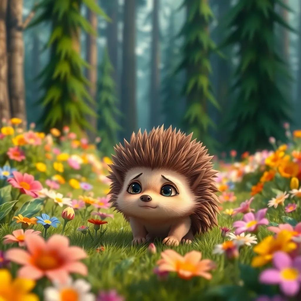 A small hedgehog named Nuno with soft brown spikes, in a beautiful forest filled with colorful flowers and tall green trees, looking a bit sad yet determined, digital art, vibrant colors, magical atmosphere, heartwarming perspective, detailed