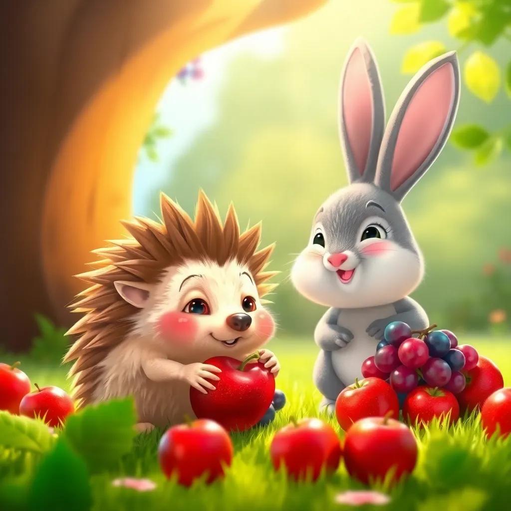 Nuno, the small hedgehog with soft brown spikes, gathering red apples and sweet grapes under bright sunlight with a friendly rabbit named Roro, cheerful setting, colorful, inviting, playful atmosphere