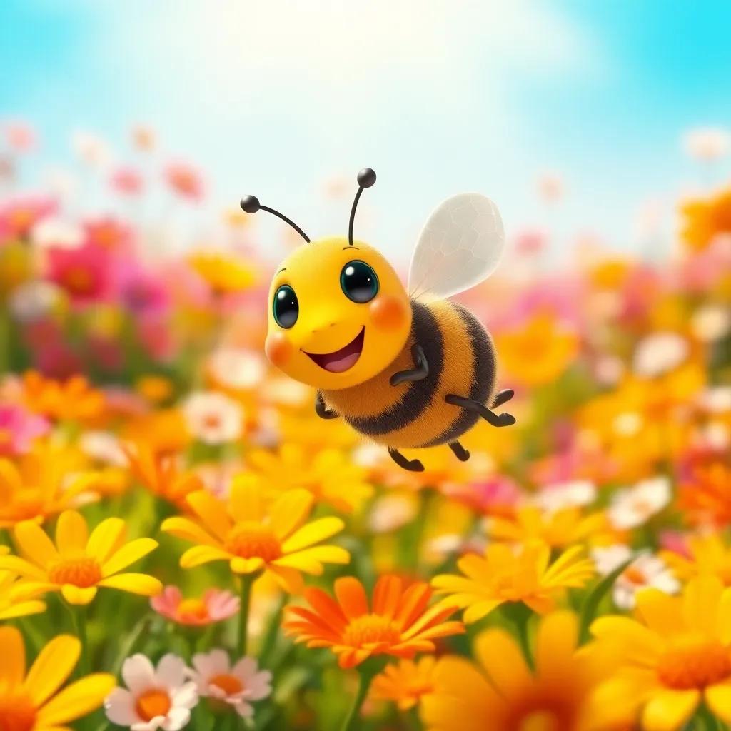 A small bee, Nuno, flying happily in a colorful flower field, collecting nectar, bright sunlight, vibrant colors, cheerful atmosphere, digital art, high quality