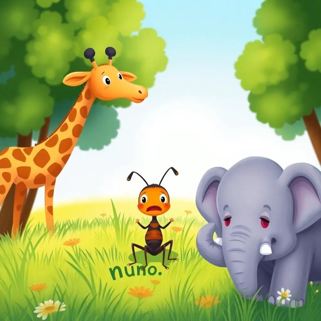 A tiny ant, Nuno, with a determined expression, sitting with a sad face in a big green field, surrounded by a laughing giraffe and a dismissive elephant, colorful illustration, playful, cheerful atmosphere, child-friendly