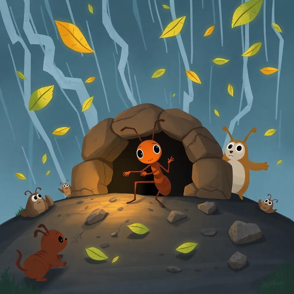 Nuno, a tiny ant, courageously building a small tunnel in the ground during a strong storm, leaves flying around, animals looking scared, focused, dynamic, heartwarming scene, digital art