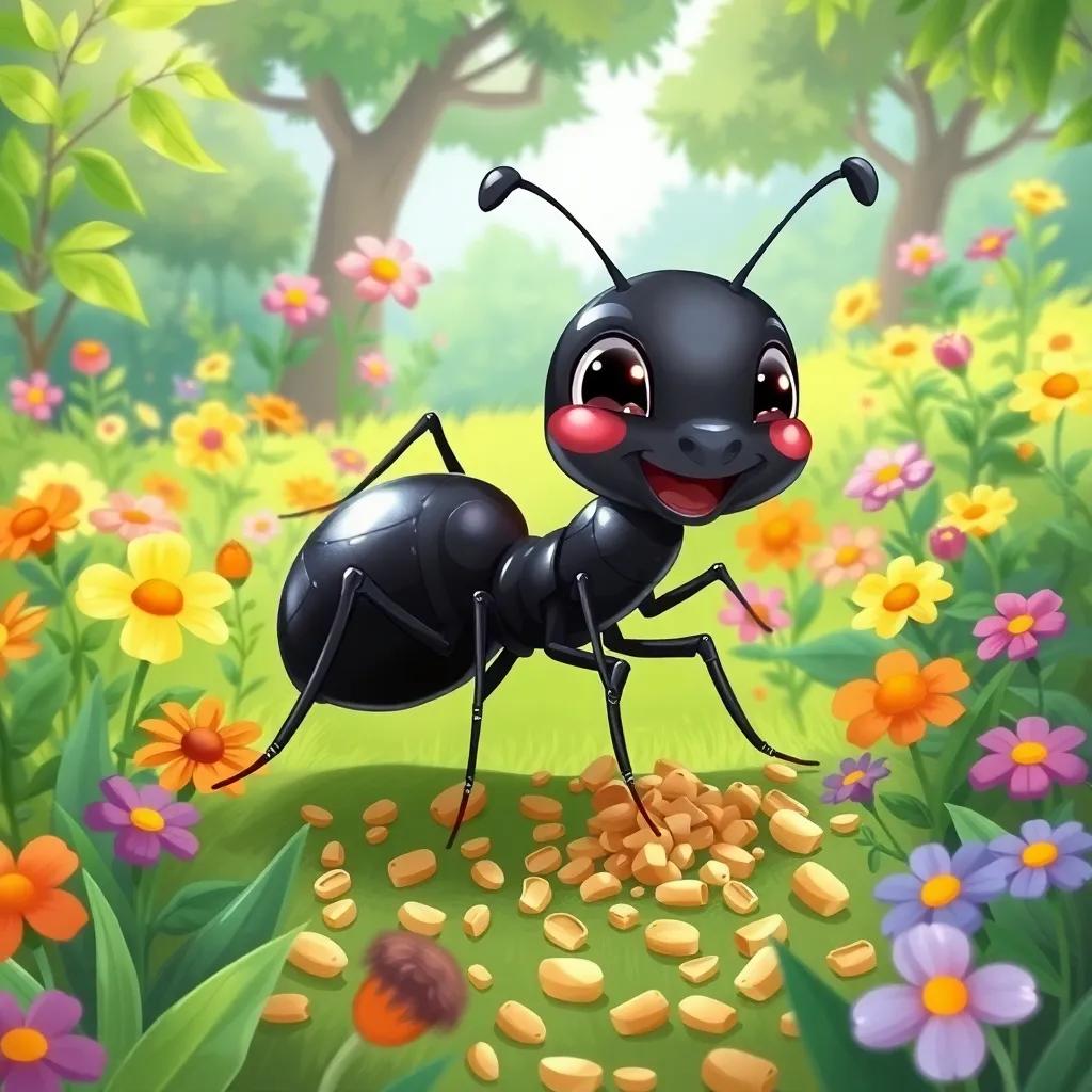 A small, active ant named Nuno, with shiny black body and tiny antennas, joyfully collecting grain and bread crumbs in a lush green garden filled with colorful flowers and trees, digital art, vivid colors, cheerful atmosphere, high quality