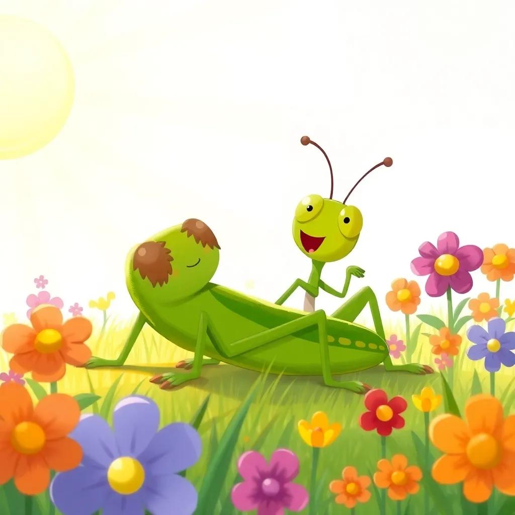 A lazy grasshopper named Saso, with a greenish-brown body, lounging under the warm sunlight, going through a dance while singing in a sunny meadow, surrounded by vibrant flowers, illustration, bright colors, carefree vibe, child-friendly