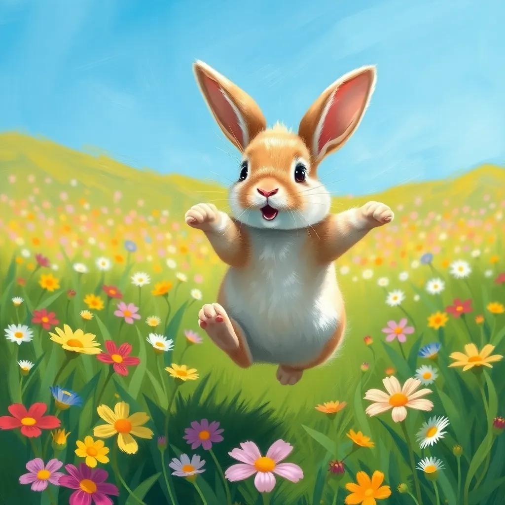 A small rabbit, Nuno, with soft fluffy fur, jumping joyfully in a green field filled with flowers, under a bright blue sky, cheerful and lively atmosphere, digital art, colorful, engaging, child-friendly