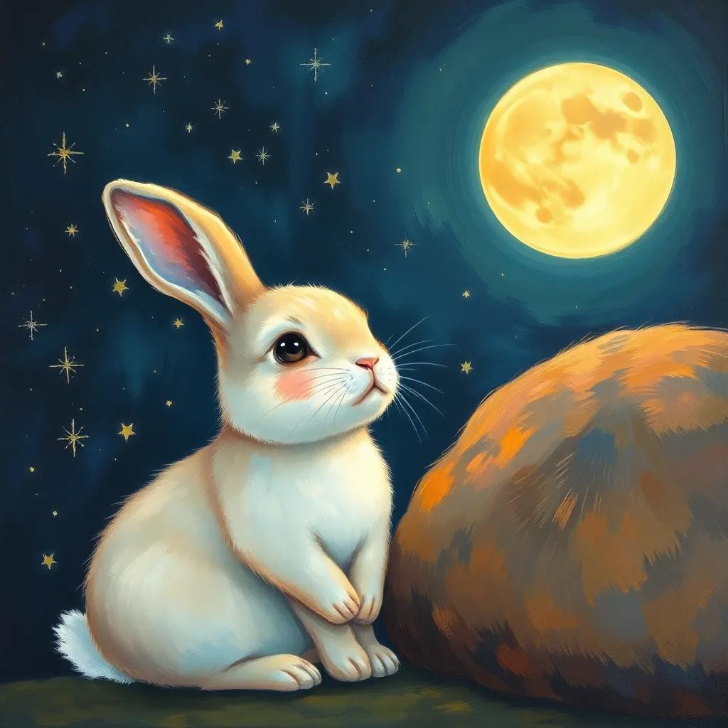 A small rabbit, Nuno, sitting beside his mother, a soft-featured rabbit with gentle fur, gazing up at the twinkling stars in a dark night sky, with a warm glow from the moon, serene and peaceful, illustration, dreamy, cozy atmosphere