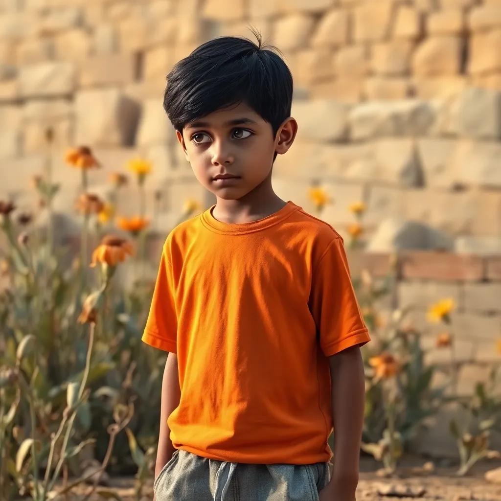 A young Arab boy, Nuno, with short black hair, wearing a bright t-shirt and shorts, looking sadly at a dry garden with wilting flowers, digital art, vibrant colors, emotional atmosphere, high quality