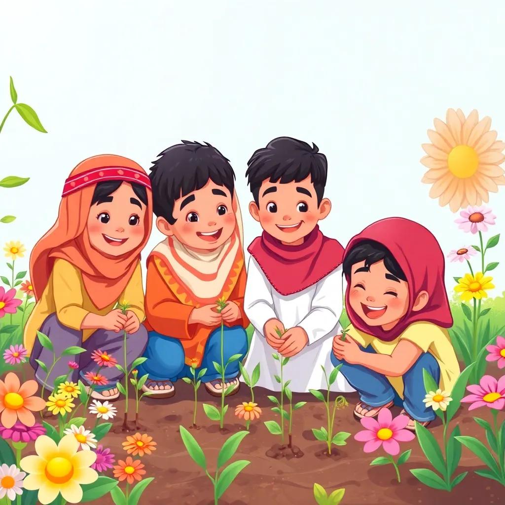 A group of young Arab kids having fun planting seeds in a colorful garden, with various flowers blooming around them, cheerful expressions and teamwork, illustration, lively colors, joyful spirit, child-friendly
