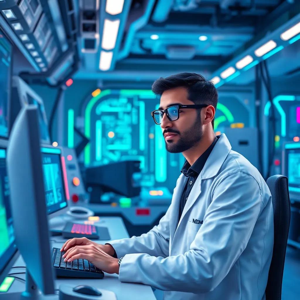 A futuristic research lab in 2035 with advanced technology, featuring Karim, a Middle-Eastern man in his 30s with short hair, wearing a lab coat and glasses, working on a computer, digital art, high-tech environment, vibrant colors, bright and engaging atmosphere, high quality