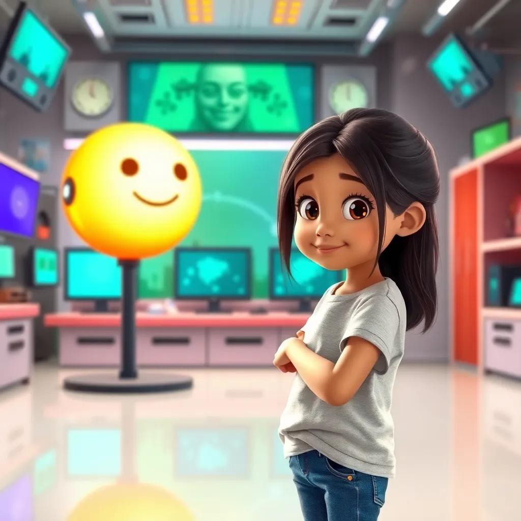 A small girl named Layla, a 10-year-old with long, dark hair wearing casual clothes, standing curiously in front of a friendly-looking AI named Noah, which appears as a glowing orb with facial features, in a modern lab filled with screens and gadgets, digital art, colorful and friendly, inviting atmosphere