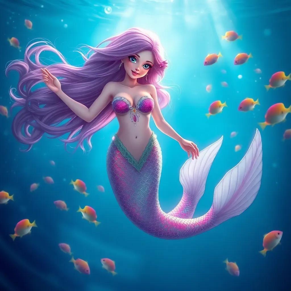 A beautiful mermaid, Nireena, with long hair like the calm night and sparkling eyes like dawn, swimming happily with colorful fish in a deep blue ocean, digital art, vibrant colors, magical atmosphere, high quality