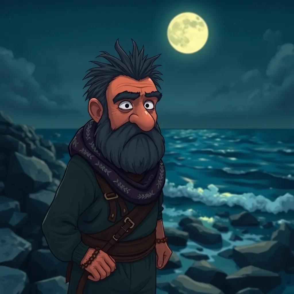 A rugged fisherman, Lakhan, with a stern face and weathered skin, standing on a rocky shore at night, looking out at the ocean, a full moon shining brightly, illustration, suspenseful, intriguing, child-friendly
