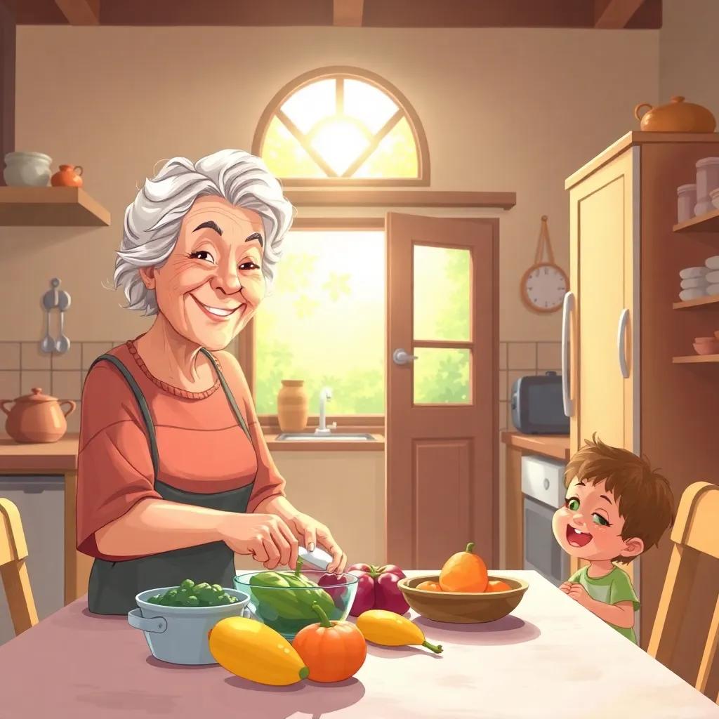 A warm family kitchen with sunlight streaming through the window, an elderly woman with a warm smile preparing ingredients on the table, a curious child entering the kitchen, detailed digital art, bright colors, inviting atmosphere, high quality