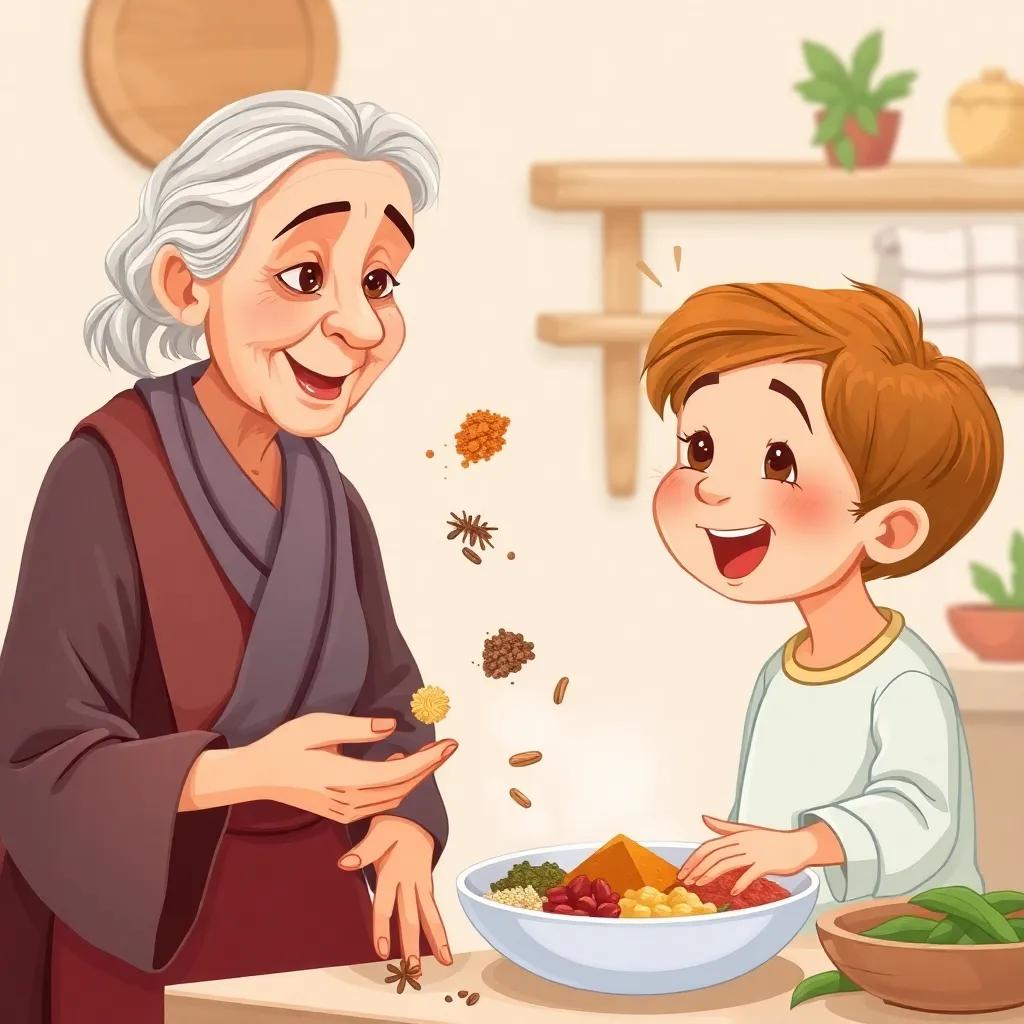 An elderly woman explaining different ingredients, showcasing various spices, while a child eagerly helps her in the preparation with excitement, digital illustration, warm and cheerful colors, storytelling mood, high quality