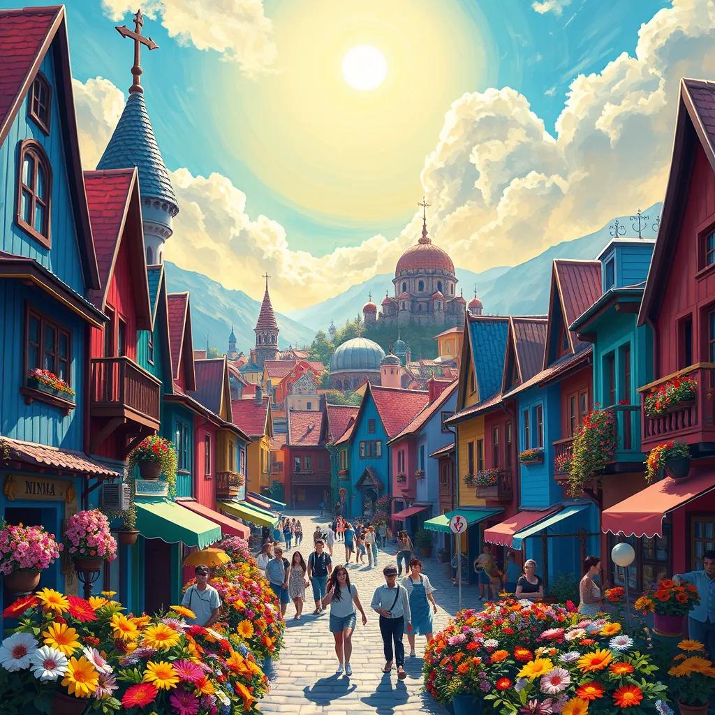 A beautiful kingdom named Ni'ma, with colorful buildings, smiling people, flowers everywhere, sunny sky, digital art, vibrant colors, cheerful atmosphere, high quality