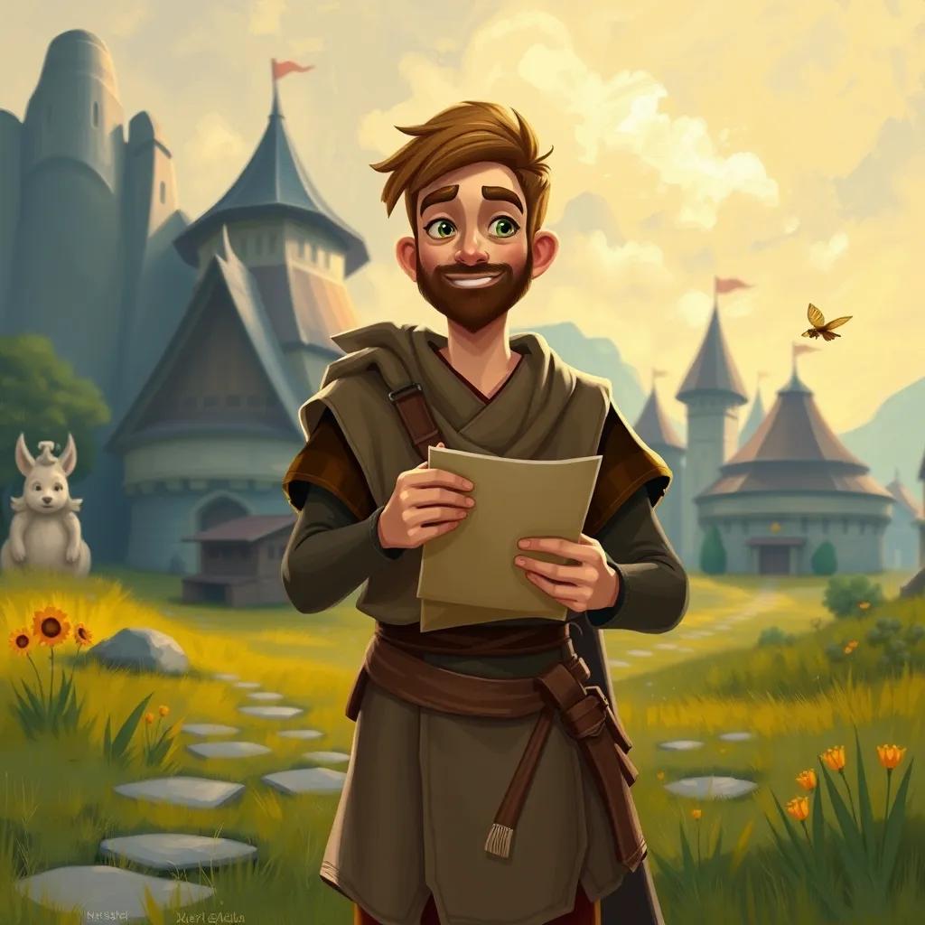A hero named Bee's, standing tall and wise, holding a mysterious letter, wearing a simple tunic, friendly expression, in front of Ni'ma kingdom, digital art, inviting scene, heartwarming