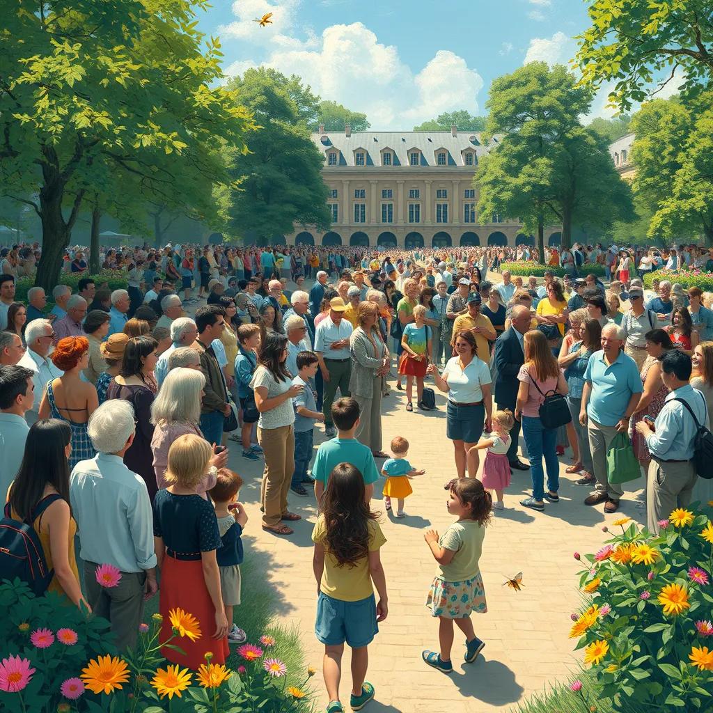 People gathered in a large square, listening attentively to Bee's, with greenery and flowers around, children playing, joyful expressions, digital illustration, community spirit, bright colors, engaging atmosphere