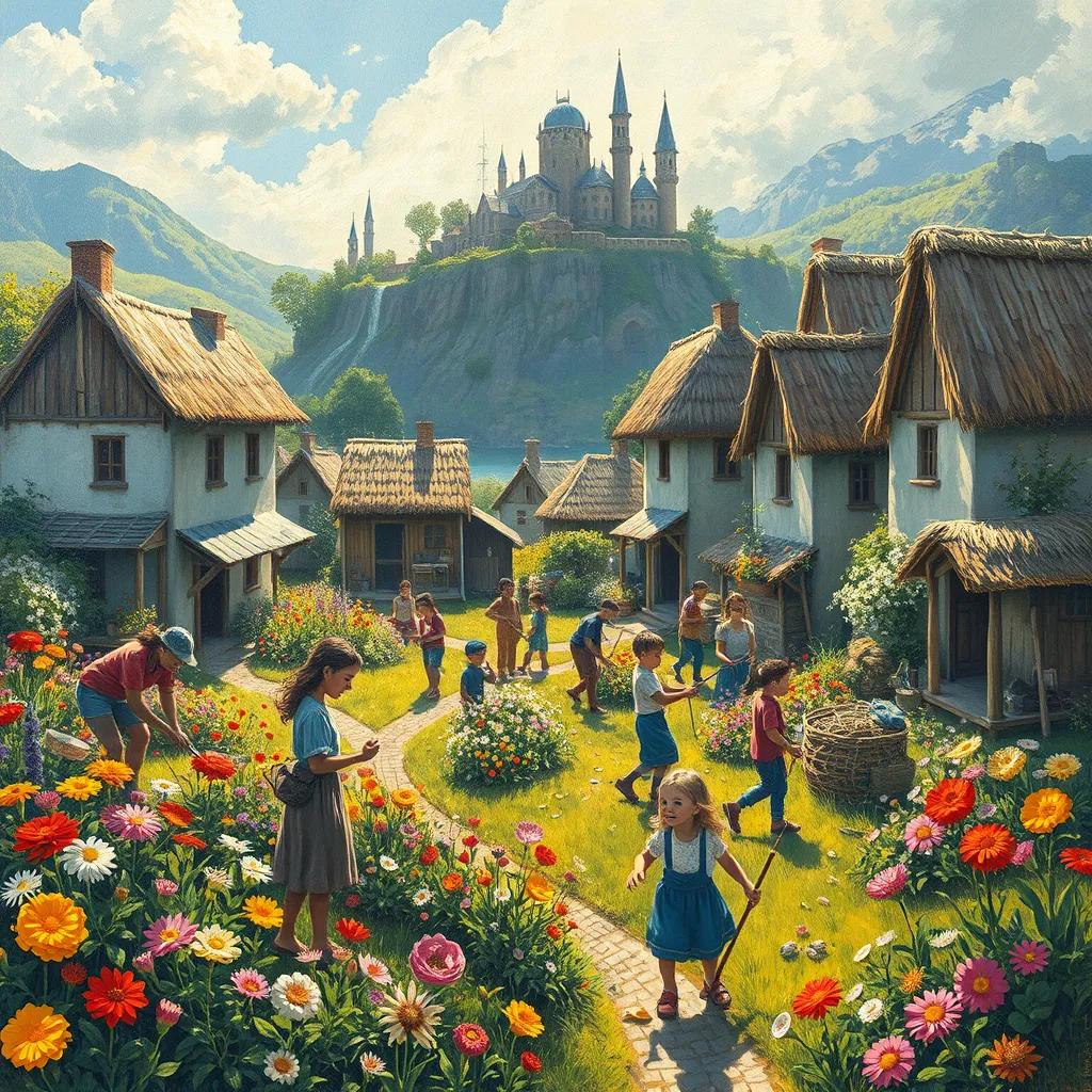 A transformed Ni'ma kingdom, full of blooming flowers, happy people working together, repairing houses, laughing children, soft sunlight, illustration, bright and lively, uplifting scene