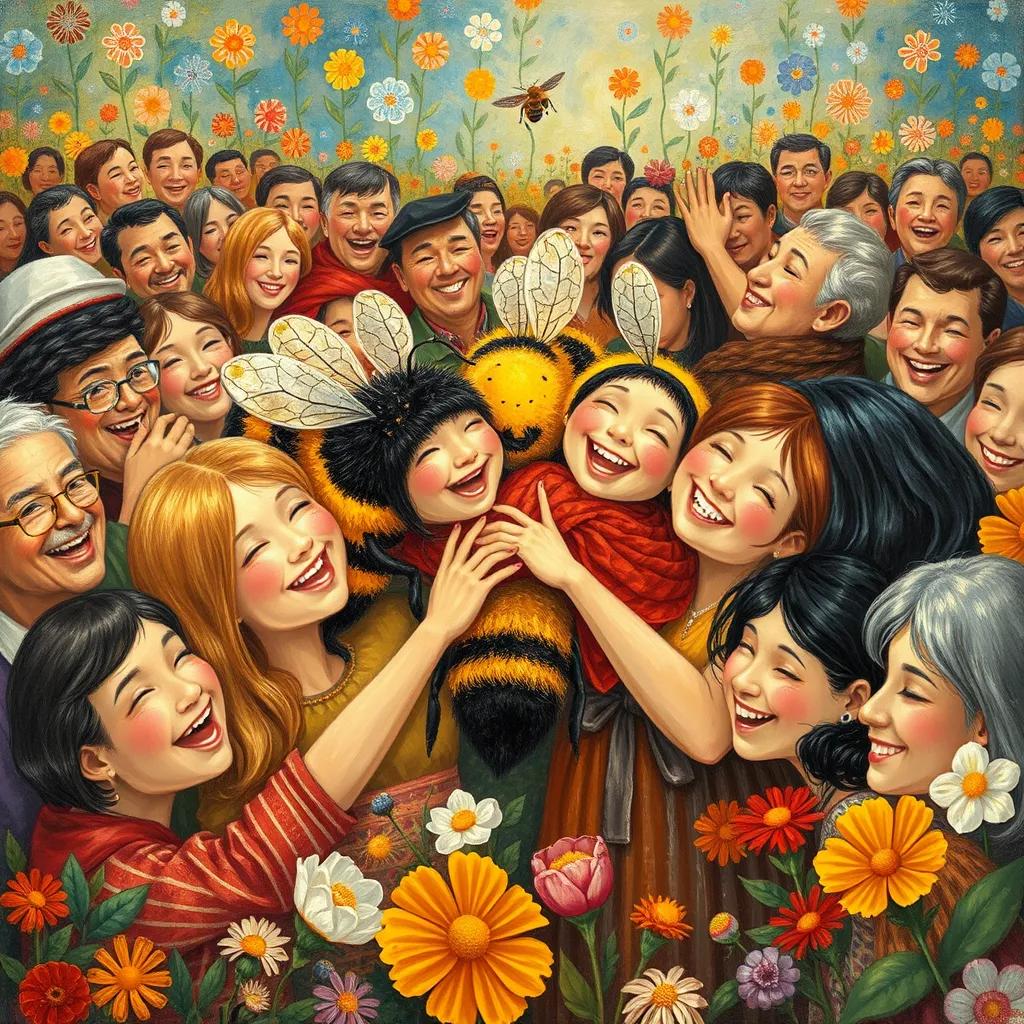 A symbol of love and cooperation, Bee's embraced by happy citizens, in a vibrant setting with flowers, everyone smiling, atmosphere of celebration, warm colors, heartwarming illustration