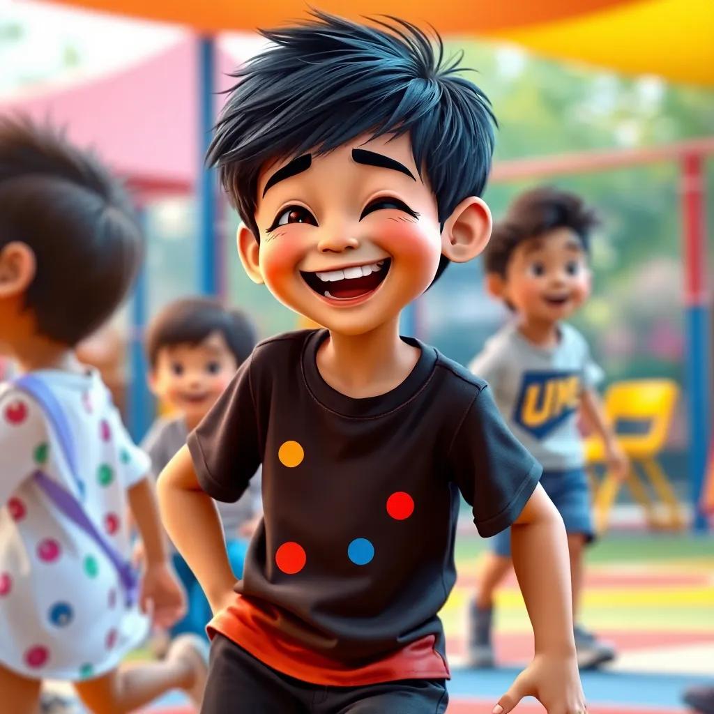 A mischievous boy, Hashim, with short black hair, wearing a playful t-shirt and shorts, laughing while playing with friends, colorful playground background, digital art, vibrant colors, cheerful atmosphere, engaging scene, high quality