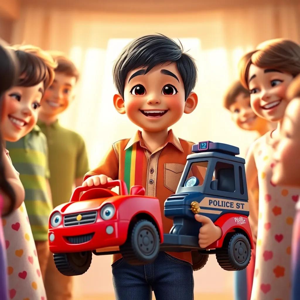 A transformed boy, Hashim, with short black hair, wearing a neat, colorful shirt and jeans, happily receiving a red toy car and police set, surrounded by smiling friends, warm sunlight, joyful gathering, cheerful colors, heartwarming scene, high quality
