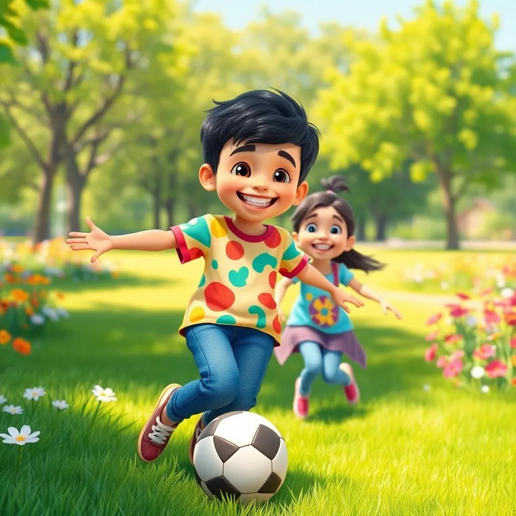 A joyful boy named Hashim, a young Middle Eastern boy with short black hair, wearing a colorful t-shirt and jeans, playing football with his sister Yamen in a sunny park, surrounded by green grass and flowers, cheerful atmosphere, digital art, vibrant colors, happy scene, high quality