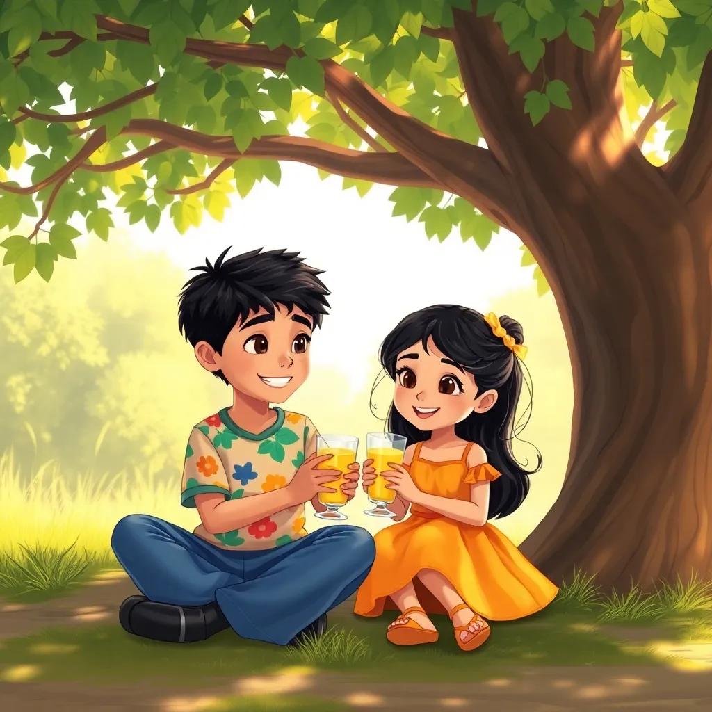 Hashim, a young Middle Eastern boy with short black hair in a colorful t-shirt, sitting under a big tree with his sister Yamen, a little girl with long dark hair wearing a bright dress, sharing a cold lemon juice, warm sunlight filtered through leaves, relaxed and friendly atmosphere, detailed illustration, joyful moment, high quality