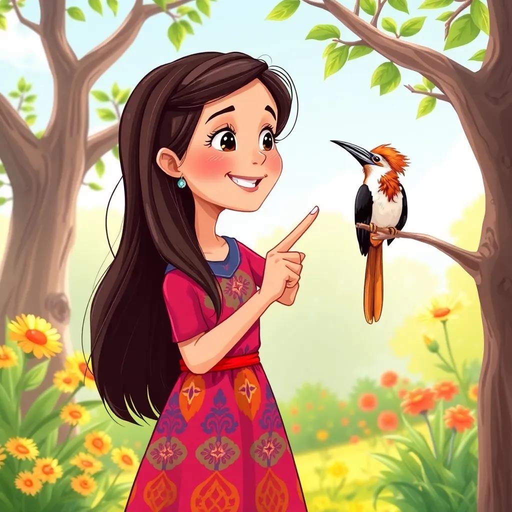 A young Arab girl, Hala, with long, dark hair wearing a colorful dress, smiling as she points up at a beautiful hoopoe bird sitting on a tree branch, bright sunny day in a garden, cheerful atmosphere, digital art, vibrant colors, whimsical style, clear view, high detail
