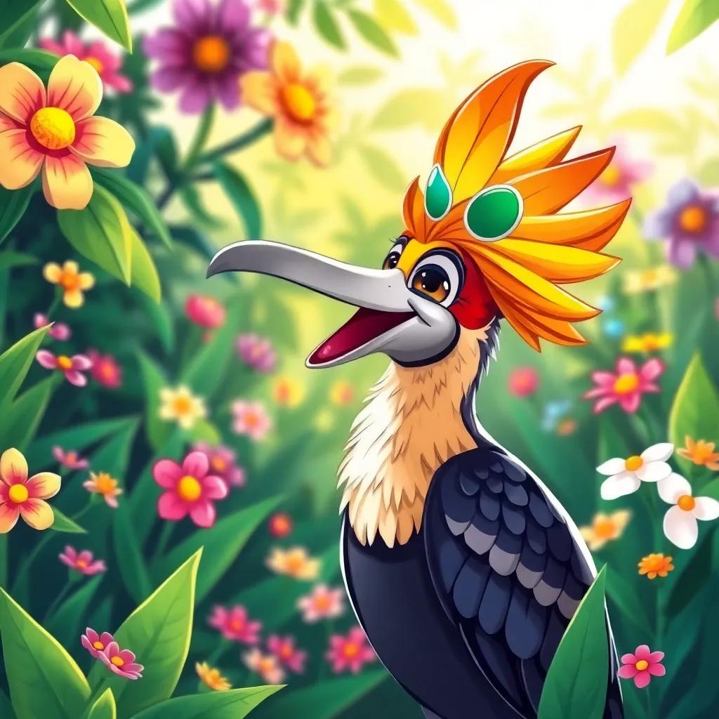 A happy hoopoe bird with a colorful crown, singing joyfully to Hala in a lush garden, surrounded by colorful flowers and green leaves, delightful scene, soft sunlight, vibrant colors, enchanting, cartoonish style, close-up view, high quality